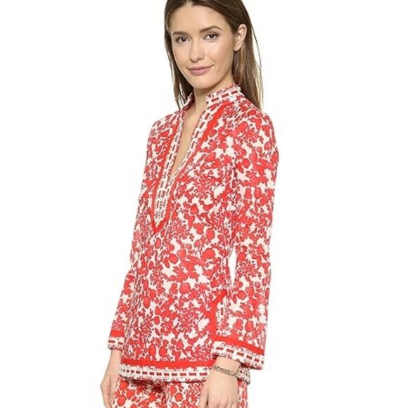 Tory Burch Red Floral Crochet Ribbon Details Blouse - Picture 2 of 15